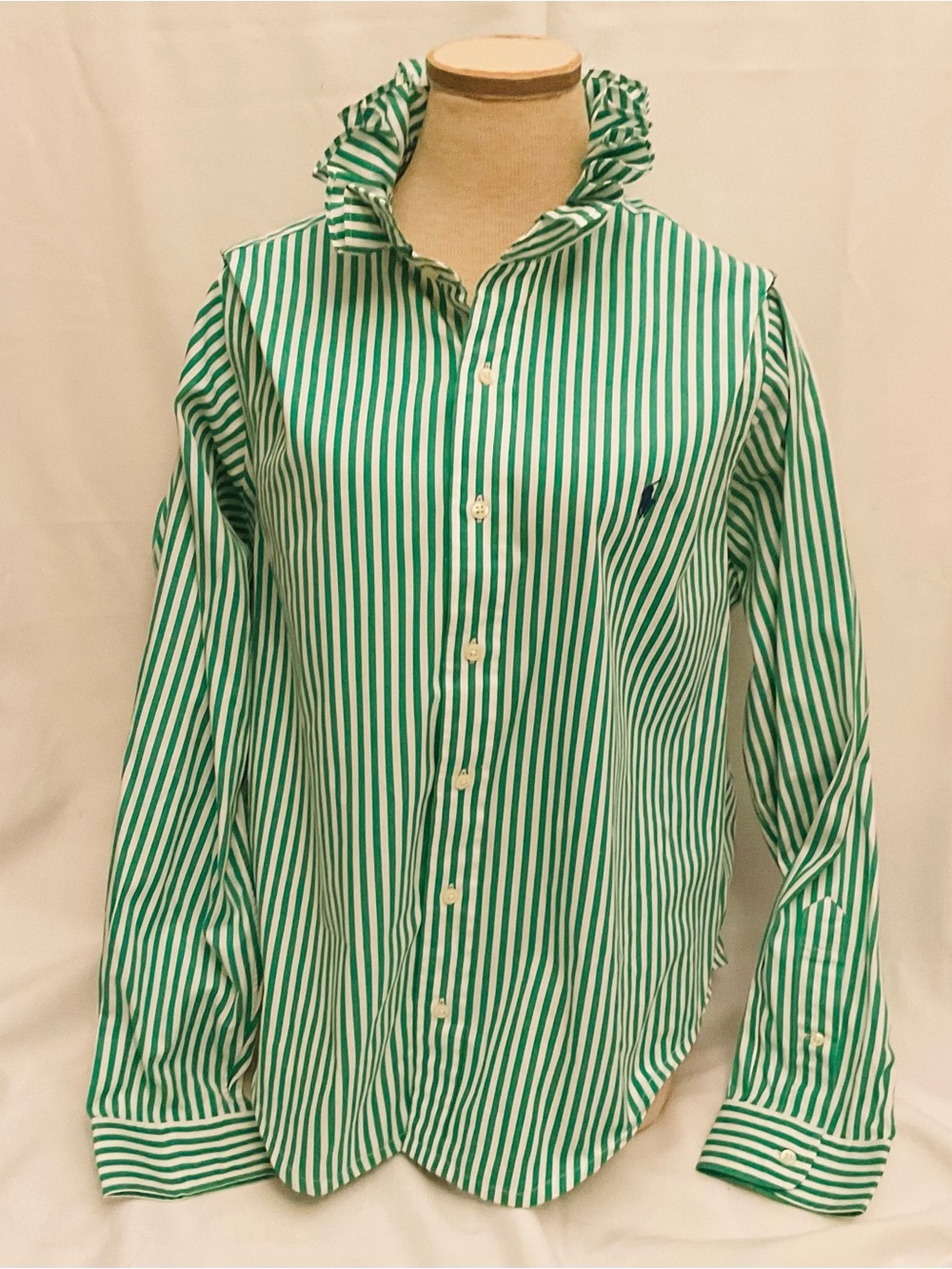 Hand refashioned / Up cycled Ralph Lauren Button Dn.Green Stripe Ruffled collar